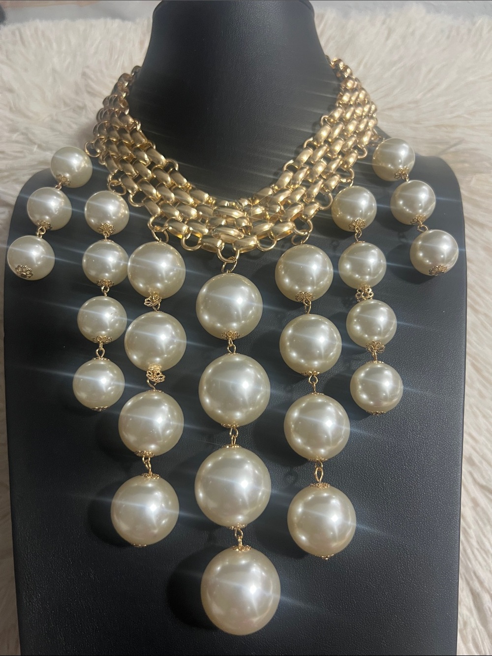 Gold Pearl Multi-Row Statement Necklace